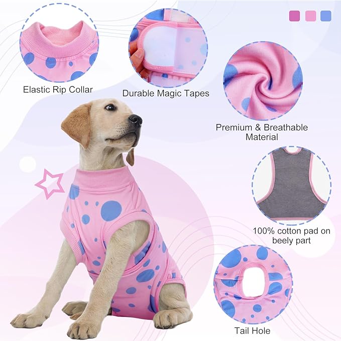 Kuoser Dog Surgery Recovery Suit, Anti Licking Pet Surgical Suit for Dogs Male Neuter, Female Dog Surgery Suit for Spay Subsititute E-Collar Cone, Dogs Body Suits After Surgery Pink Polka Dot XS