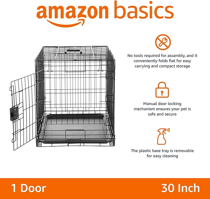 Amazon Basics Durable, Foldable Metal Wire Dog Crate with Tray, Single Door, 30 x 19 x 21 in, Black