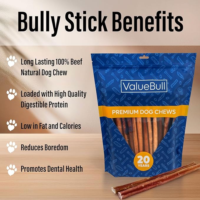 ValueBull Bully Sticks for Dogs, Medium 12 Inch, 25 Count - All Natural, Grass Fed, Single Ingredient, Long Lasting Dog Treats