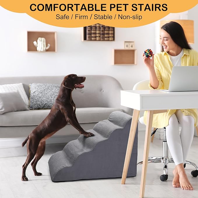 Dog Stairs for Bed, 5 Tier Dog Steps for Couch and High Bed, Non-Slip Pet Stairs, 24" High Sofa Foam Ramp - Best for Small Pets, Older Cats with Joint Pain
