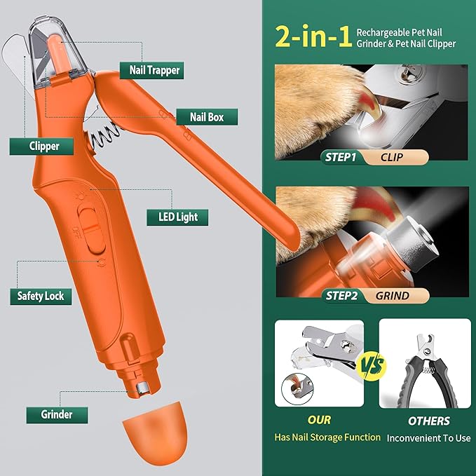 2-in-1 Cat Nail Clippers & Dog Nail Clippers Trimmers for Large Medium Small Dogs Cats Claw Trimmer Quick Sensor and Safety Guard USB Rechargeable with 2 LED Lights Dogs Nail Trimmer