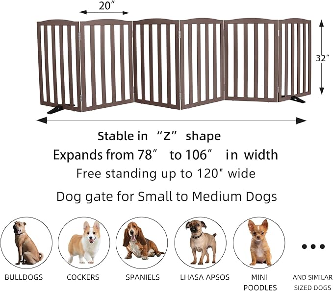 ZJSF Foldable Freestanding Indoor Dog Gate for House Wood Long Pet Gates Dog Fence for Stairs Puppy Gates for Hallways, Puppy Gate,Support Feet Included, Brown, 32 "Height-6 Panels