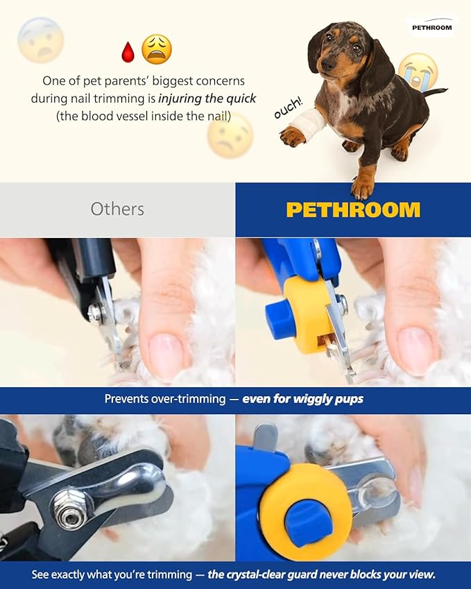 PETHROOM] Professional Dog Nail Clipper with Transparent Guard & Nail File | Adjustable Cutting Length (1-3mm) Sturdy, Durable Stainless Steel Blade | Nail Trimmer for Pets Avoid Overcutting