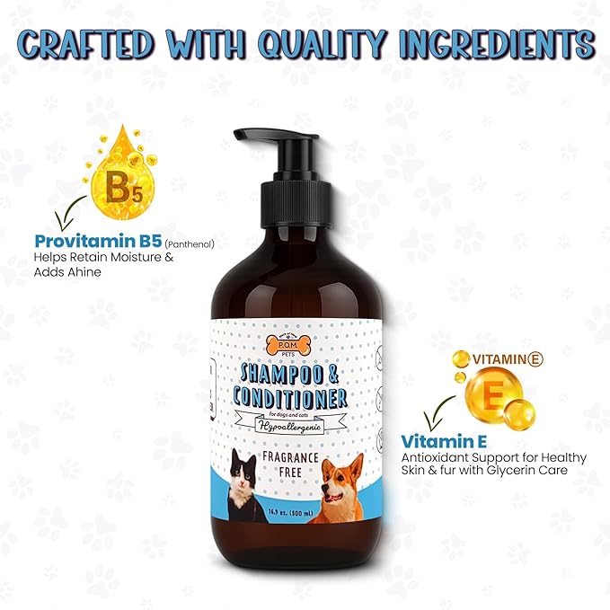 POM Pets 2-in-1 Organic Dog Shampoo & Conditioner – Itchy Skin Relief, Dog Deshedding, Detangles Fur, Cat Shampoo, Paw Cleaner for Dogs, Natural Coat Defense Formula
