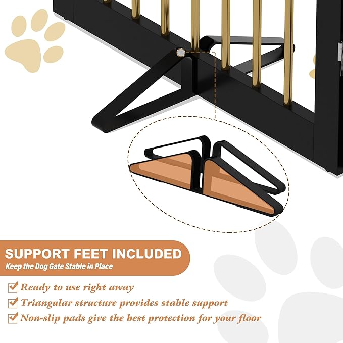 Freestanding Pet Gate for Dogs, Foldable Wooden Dog Gate for House, Stairs, Doorways, Step Over Pet Puppy Safety Fence,Support Feet Included,24" Height 2 Panels, Black&Gold