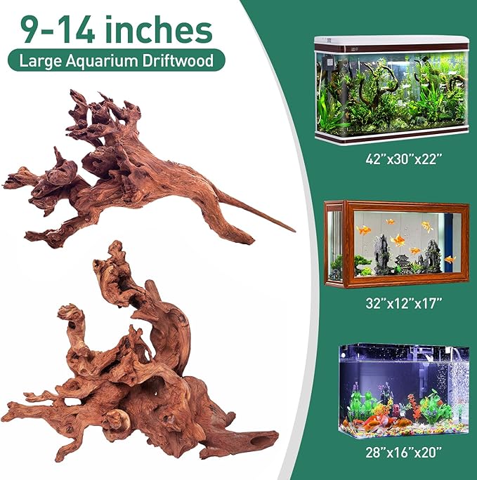 WDEFUN Natural Driftwood for Aquarium Decor, 2-Piece 10''-14'' Large Driftwood for Decorations on Fish Tank, Reptiles Bearded Dragon Accessories or Air Plants