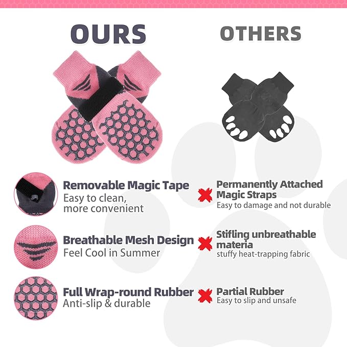 KOOLTAIL Dog Socks for Hot Pavement, Summer Breathable Dog Socks to Prevent Licking Paws, Non Slip Pet Boots & Paw Protectors for Hardwood Floor,Grippy Shoes for Small Medium Large Senior Dogs,Pink XS