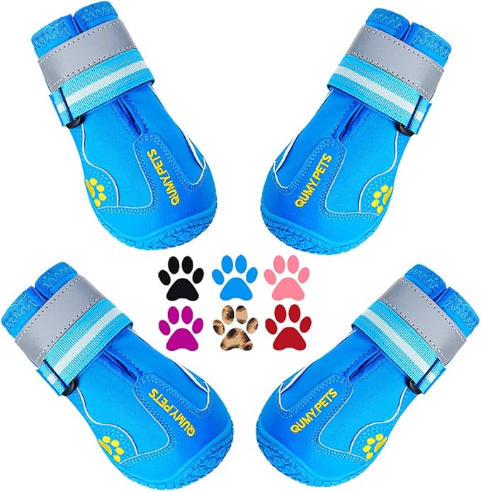 QUMY Dog Shoes for Large Dogs, Medium Dog Boots & Paw Protectors for Winter Snowy Day, Summer Hot Pavement, Waterproof in Rainy Weather, Outdoor Walking, Indoor Hardfloors Anti Slip Sole Blue 4