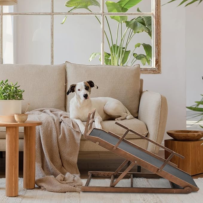 Dog Ramp, 5 Level Adjustable Height Folding Pet Ramp for High Bed, Portable Paw Ramps Large Bed Ramp for Medium & Large Old Dogs & Cats - Natural Wood Furniture Quality