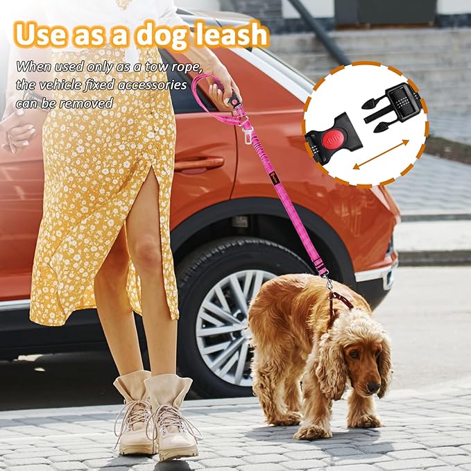 Removable Dog Seat Belt Harness for Car, 3 in 1 Pet Dog Car Seatbelt Leash, Retractable Restraint Secures to Vehicle Headrest & Adjustable Reflective Bungee Dog Seatbelt Tether, Rose