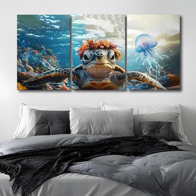 Wivsev Sea Turtle Canvas Wall Art,Under Sea Wall Art,Sea Life Pictures Wall Decor,Ocean Animal Painting for Bathroom,Living Room,Bedroom (16" x 24" x 3 pcs)