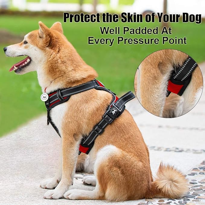 PoyPet No Pull Dog Harness, Reflective Comfortable Vest Harness with Front & Back 2 Leash Attachments and Easy Control Handle Adjustable Soft Padded Pet Vest for Small to Large Dogs (Red,L)