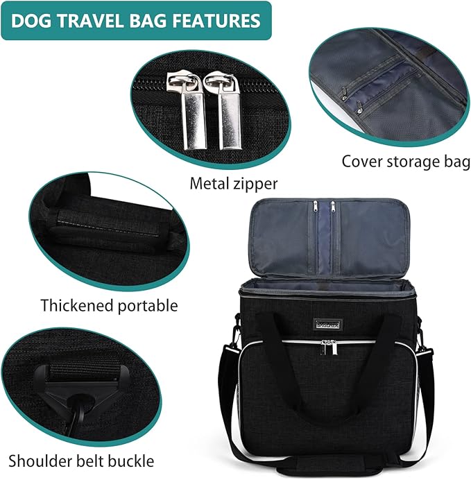 BAGLHER Dog Travel Bag, Pet Travel Bag (All Pet Travel Supplies), with 2 Pet Food Containers and 2 Collapsible Silicone Bowls; Essential Kits for Pet Travel Black