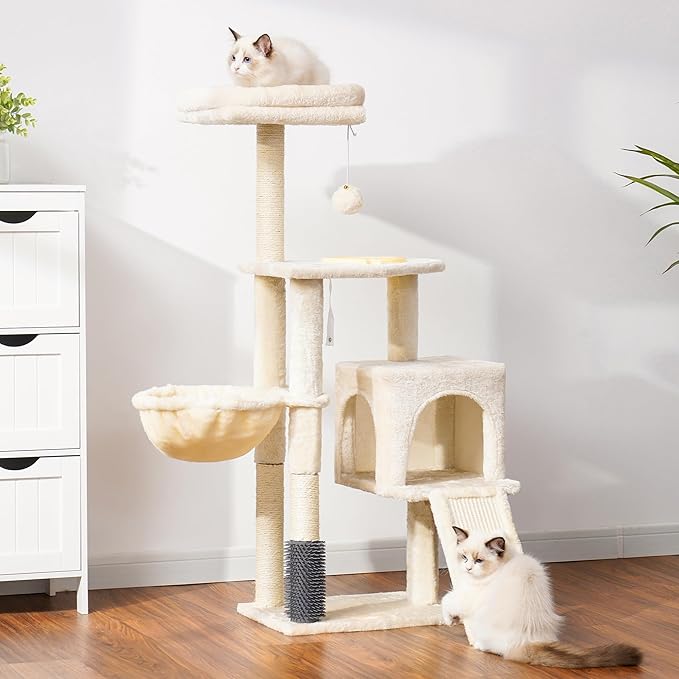 Heybly Cat Tree with Cat Self Groomer Brush, Cat Tower Condo for Indoor Cats with Padded Plush Perch, Cat House with Basket Scratching Board Post, Beige HCT005SM