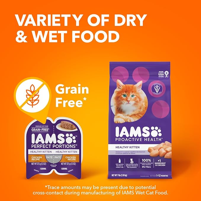 IAMS Perfect Portions Healthy Kitten Grain Free Wet Cat Food Pate, Chicken Recipe, 2.6 oz. Easy Peel Twin-Pack Trays (24 Count, 48 Servings)