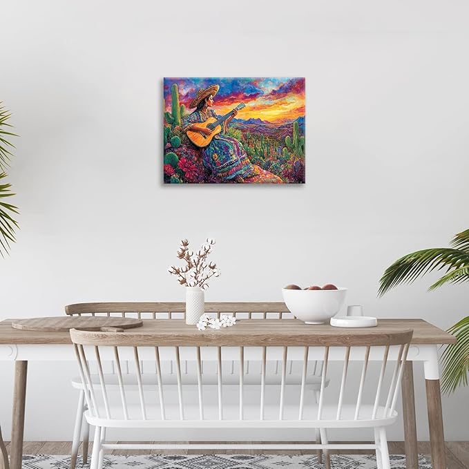 Mexican Women Pictures Wall Art, Cactus Landscape Bathroom Wall Decor, Nature Scenery Aesthetics Framed Painting Desert Modern Canvas Artwork for Bathroom Bedroom Living Room Decorations 20"L x 16"W