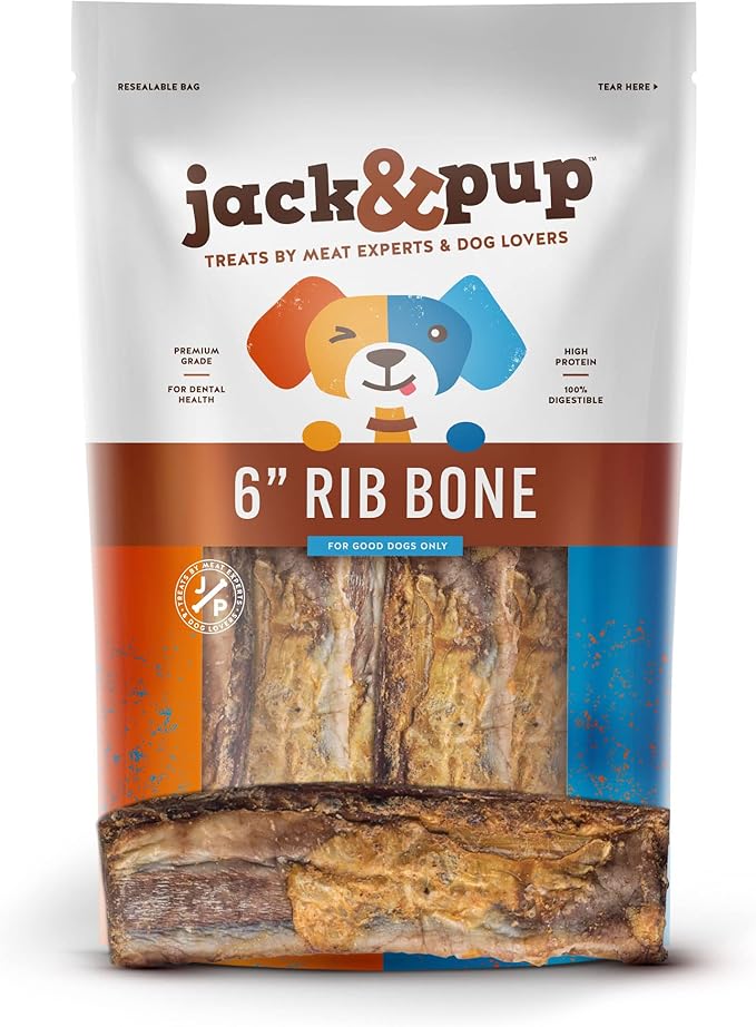 Jack&Pup 6" Rib Bones for Dogs | Beef Bone for Dogs, Flavorful Real Dog Bones (13 Pack)