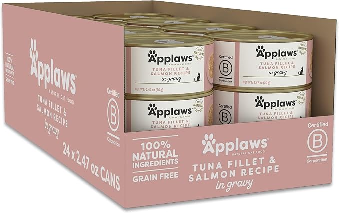 Applaws Natural Wet Cat Food in Gravy, Limited Ingredient Canned Wet Cat Food, No Additives, Made with Natural Ingredients, Tuna Fillet with Salmon in Gravy (24 x 2.47oz Cans)