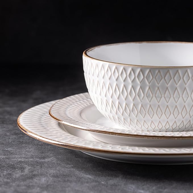 GBHOME Ceramic Dinnerware Sets, 24 pcs Embossed Elegant Stoneware Plates and Bowls Sets, Housewarming Wedding Gift | Dishwasher & Microwave Safe | Dishes Set Service for 8