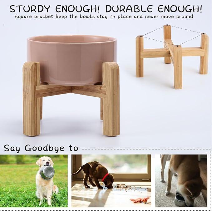 Petygooing 28 OZ Elevated/Raised Ceramic Dog Bowl for Small Medium Breeds, Dog Food Water Dish with Stand,Pet Bowl with Anti Slip Rubber for Cats Small and Medium Dogs (3.6 Cups) Khaki