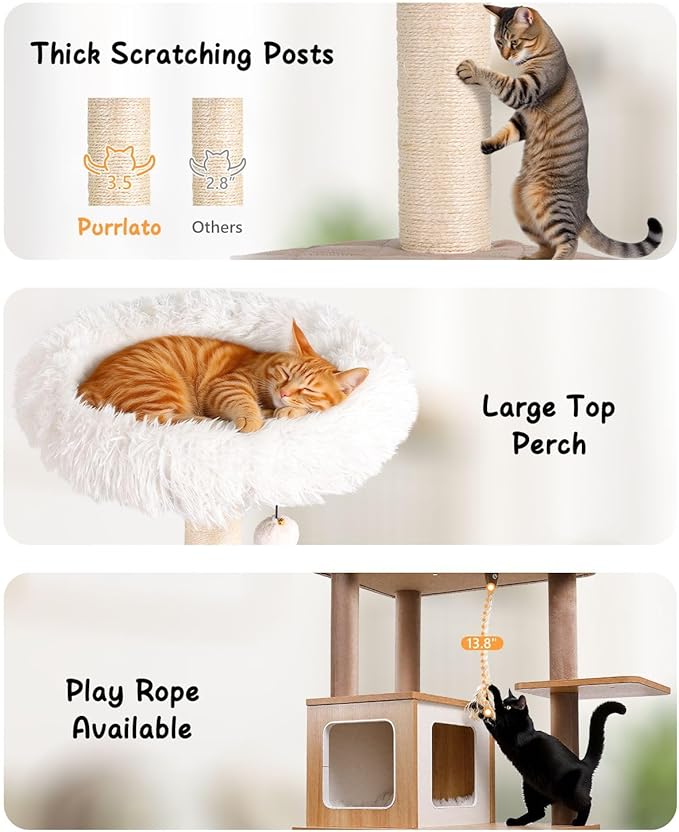 61" Wooden Cat Tree Tower for Indoor Cats, Luxury Modern Wooden Tower with XL Plush Lounge, Hammock & Scratching Posts for Maine Coon 20 lbs