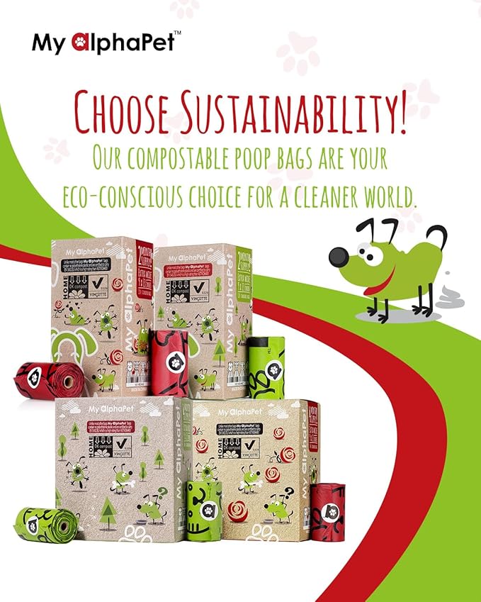 Compostable Dog Poop Bags, Cornstarch Eco-Friendly, HOME COMPOST NF T 51-800, 120 Count, Large Size Bag 9x13 Inches, 8 Unscented Refill Rolls, Leak-proof, Plantbased, GM-Free Corn (Red)