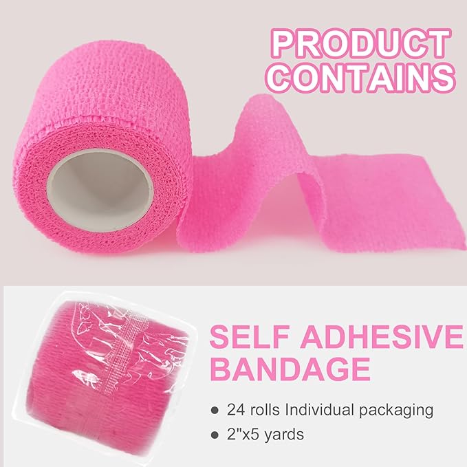 24 Pack Pink Self Adhesive Bandage Wrap, 2” x 5 Yards Cohesive Vet Wrap Elastic Athletic Tape Grip Tape Sports Tape for Ankle, Wrist Sprains, Medical, Pet First Aid (Pink, 2 Inch)