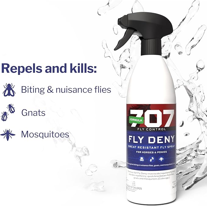 Formula 707 Fly Deny Spray for Horses & Ponies, Sweat-Resistant 14-Day Protection from Flies, Gnats & Mosquitoes, Repels and Kills, 32 Oz