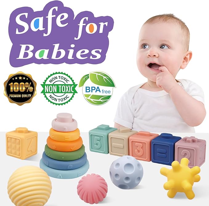 Montessori Toys for Babies,Soft Stacking Building Blocks Rings Balls Sets,3 in 1 Baby Toy Bundle,Sensory Toy for 6-12 Months, Soft Teething Toys for Babies,Baby Gifts for Boy Girl