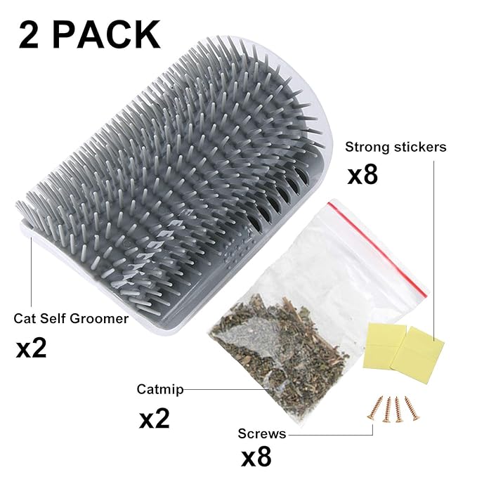 2 PACK Cat Self Grooming Corner Scratcher with Catnip, Massage Comb Brush for Long & Short Fur
