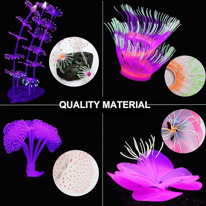 4 Pack Silicone Glowing Fish Tank Decorations Plants,Aquarium Fish Tank Glow Ornaments,Artificial Sea Anemone Coral Decor with Glowing Effect for Glow Fish Aquarium