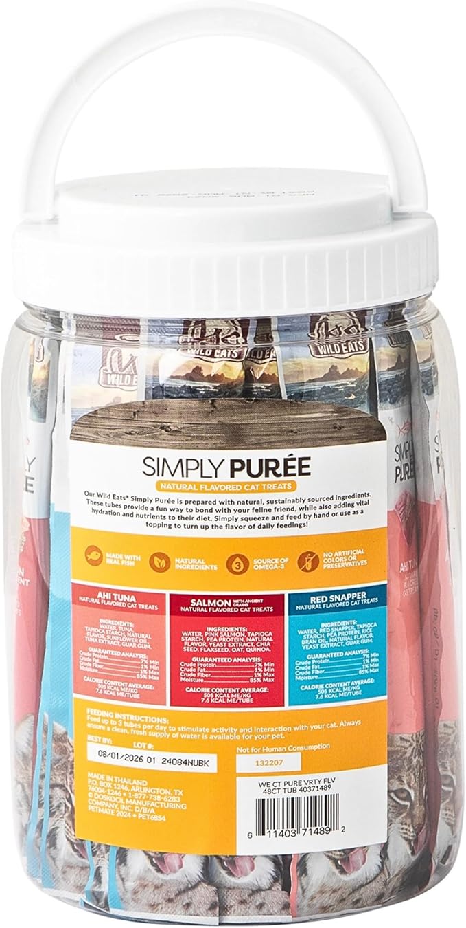 Simply Puree Variety Tub for Cats | 48 Individual Servings of All-Natural, High-Protein Puree Treats | Includes Multiple Flavors | Grain-Free, No Artificial Additives, Smooth Texture
