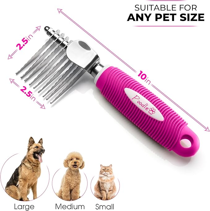 Poodle Dematting Fur Rake Comb Brush for Dogs and Cats - Long 2.5" Steel Safety Blades Metal Comb for Detangling Matted or Knotted Undercoat Hair