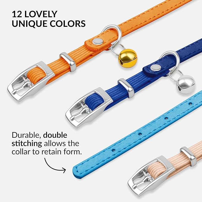 CollarDirect Leather Cat Collar with Bell - Kitten Collar, Small and Big Cat for Boy Cats, Girl Cats with Safety Elastic Strap (Neck Fit 6"-7", Light Blue)