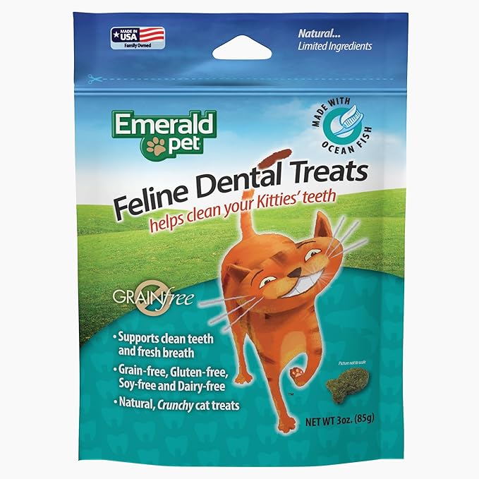 Feline Dental Treats — Tasty and Crunchy Cat Dental Treats Grain Free — Natural Dental Treats to Clean Cat Teeth, Freshen Cat Breath, and Reduce Plaque and Tartar Buildup — Ocean Fish Treats, 3 oz