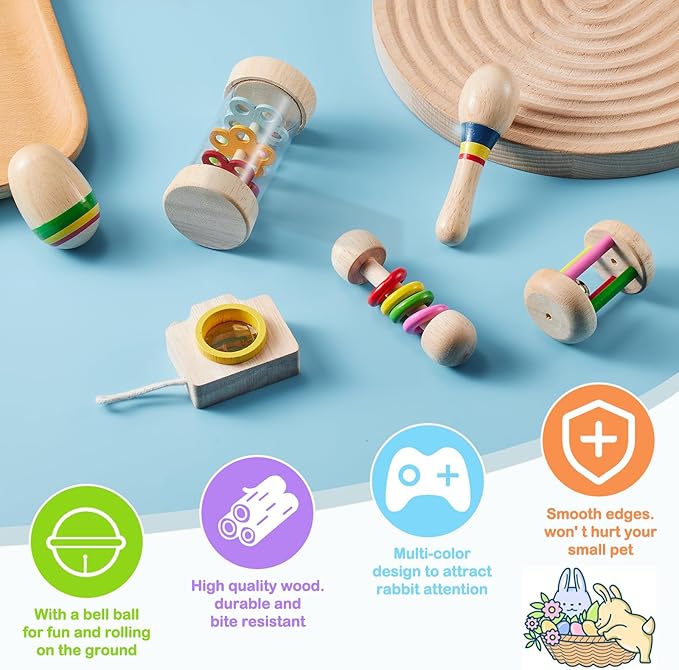 6 Pcs Wooden Bunny Toys - Safe Rabbit & Guinea Pigs Teeth Grinding Toys for Chinchillas, Hamsters & Small Animals - Indoor & Outdoor