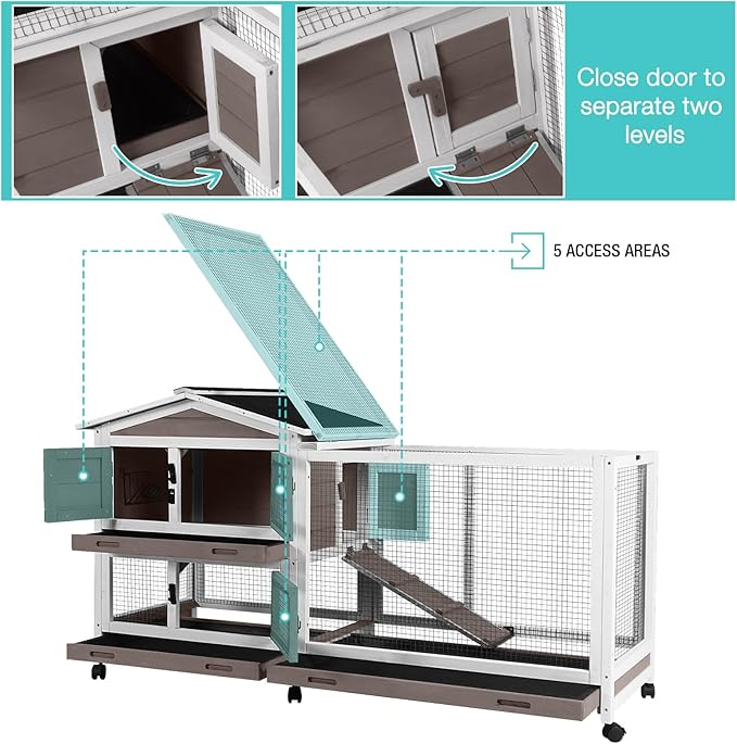 62" Rabbit Hutch with Chew-Proof Ramp & Waterproof Roof - Indoor/Outdoor Bunny Cage, 2-Story Design, 6 Lockable Caster Wheels & Dual Pull-Out Trays (Brown)