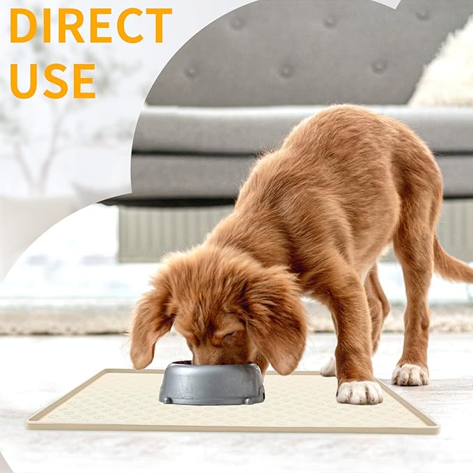 Ptlom Silicone Pet Placemat for Dog and Cat, Waterproof Non-Slip Pet Feeding Bowl Mats for Food and Water, Small Medium Large Tray Mat Prevent Residues from Spilling to Floor, Beige, 24.5" 16.5"