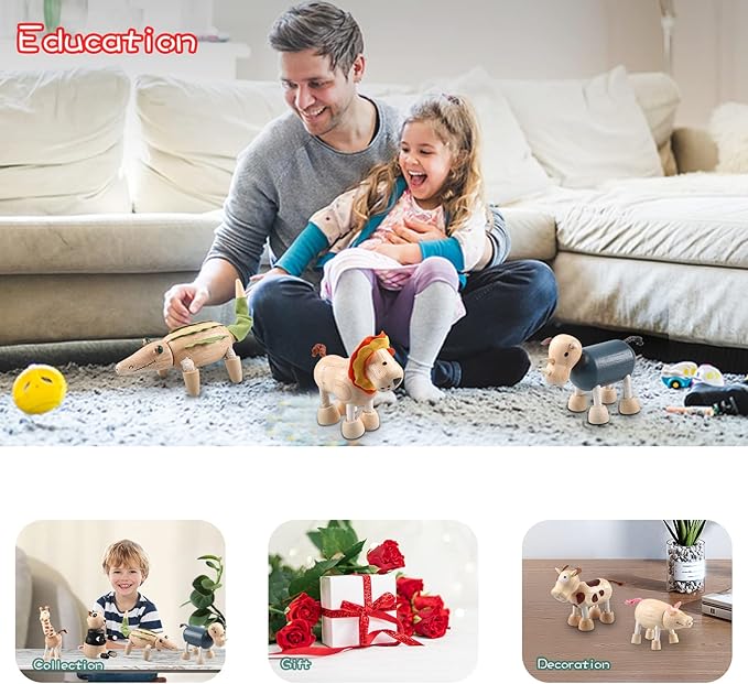 12PCS Bendable Wooden Animal Toys, Fun and Posable Animal Toys for Early Education, Smooth Natural Wood, Safari Farm Wood Animals Learning Toy for Kids