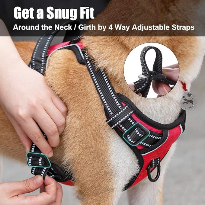 PoyPet No Pull Dog Harness, Reflective Comfortable Vest Harness with Front & Back 2 Leash Attachments and Easy Control Handle Adjustable Soft Padded Pet Vest for Small to Large Dogs (Red,L)