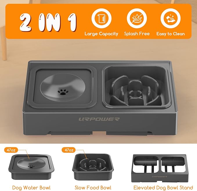 URPOWER 2-in-1 Elevated Slow Feeder with No Spill Dog Water Bowl 4 Height Adjustable Raised Bowl Stand for Small to Large Dogs, Cats & Pets