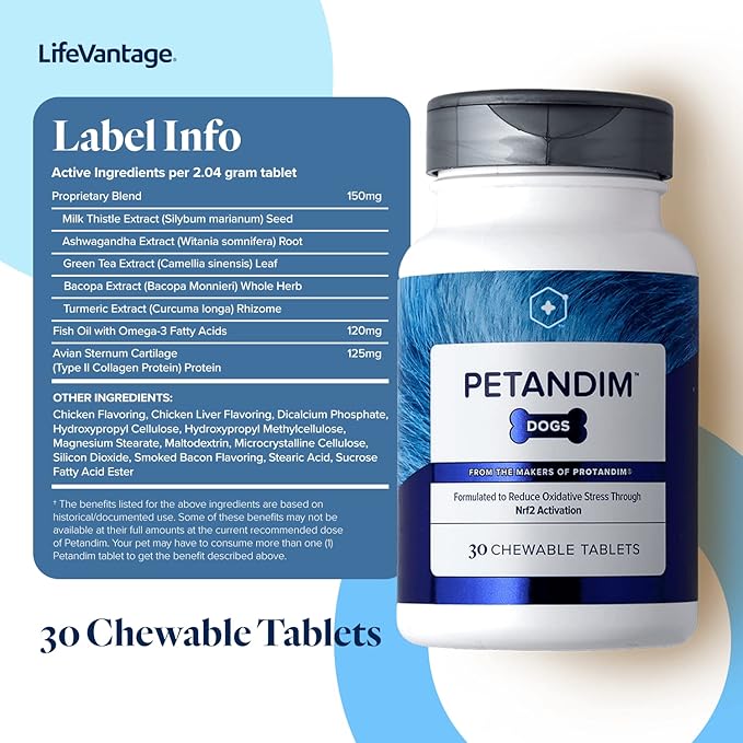 Petandim Dog Vitamins (30 Chewable Tablets), Antioxidants Reduce Oxidative Stress, Joint Supplement for Dogs, Skin and Coat Supplement, Omega-3 & Collagen for Dogs, Chicken + Bacon Flavor