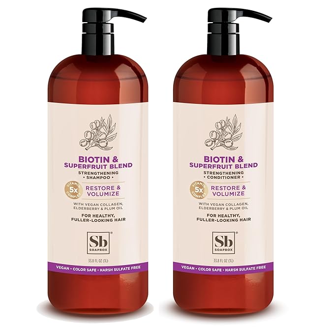 Soapbox Biotin & Superfruit Shampoo & Conditioner Set with Vegan Collagen, Aloe and Shea Butter, Harsh Sulfate Free, Paraben & Silicone Free, 1 Liter Each (Pack of 2)
