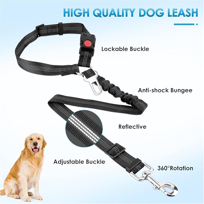 Lukovee Dog Seatbelt Leash for Cars, 2 Pack Pet Safety Car Seat Belt with Adjustable Buckle & Reflective Bungee, Connect Dog Harness in Vehicle Car Dogs Restraint Travel Daily Use (Black)