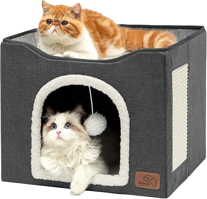 Bedsure Cat Beds for Indoor Cats - Large Cat Cave for Pet Cat House with Fluffy Ball Hanging and Scratch Pad, Foldable Cat Hideaway, 16.5x16.5x13 inches, Dark Grey
