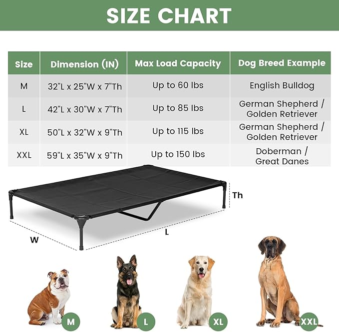 Elevated Dog Bed for Outdoor, XXL Raised Dog Cot Indestructible with Washable Mesh, Cooling Summer Pet Cot Chew Proof for Outside Camping Travel, 59"x36" Brown