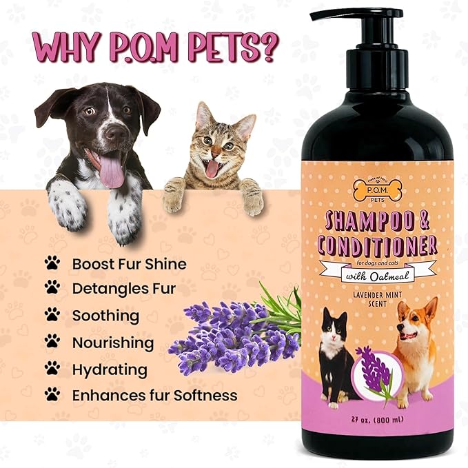 POM Pets 2-in-1 Organic Dog Shampoo & Conditioner – Itchy Skin Relief, Dog Deshedding, Detangles Fur, Cat Shampoo, Paw Cleaner for Dogs, Natural Coat Defense Formula