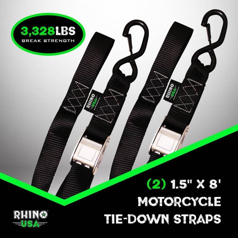 Rhino USA Cambuckle Motorcycle Tiedown Straps 2-Pack (Black) 1.5In X 8Ft