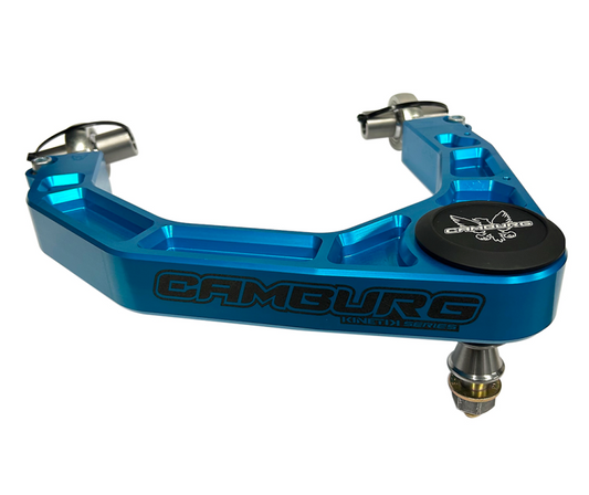 Camburg Toyota Tundra 2WD/4WD 07-21 KINETIK V2 Performance Billet Uniball Upper Arms in King Blue showcasing high-quality aluminum design and laser-etched logo.