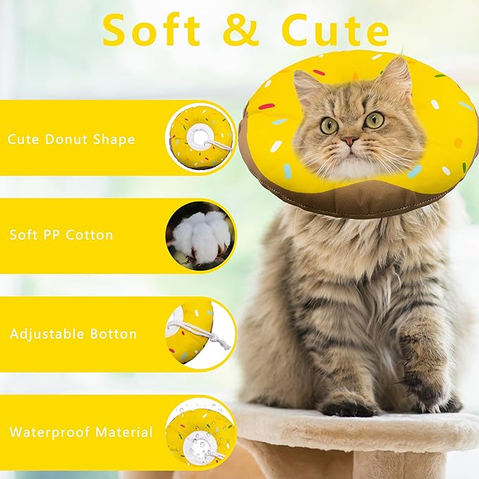 Cat Cone Collar Soft, Adjustable Cat Recovery Collar Kitten Cones to Stop Licking, Cute Donut Collar After Surgery, Cats Neck Pillow Cone Elizabethan Cones of Shame (Waterproof Yellow, Medium)